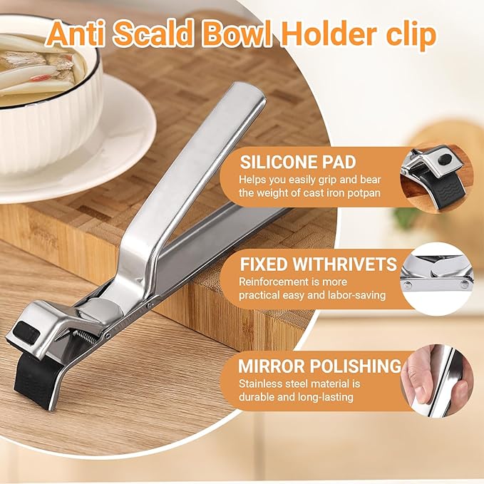 2 Pcs Stainless Steel Hot Plate Grippers, 2026 Upgraded Multi Purpose Hot Plate Gripper, Anti-Scald Bowl Clip Silicone Non-Slip Hot Dish Plate Holder Tongs Kitchen Utensil for Bowls, Pans