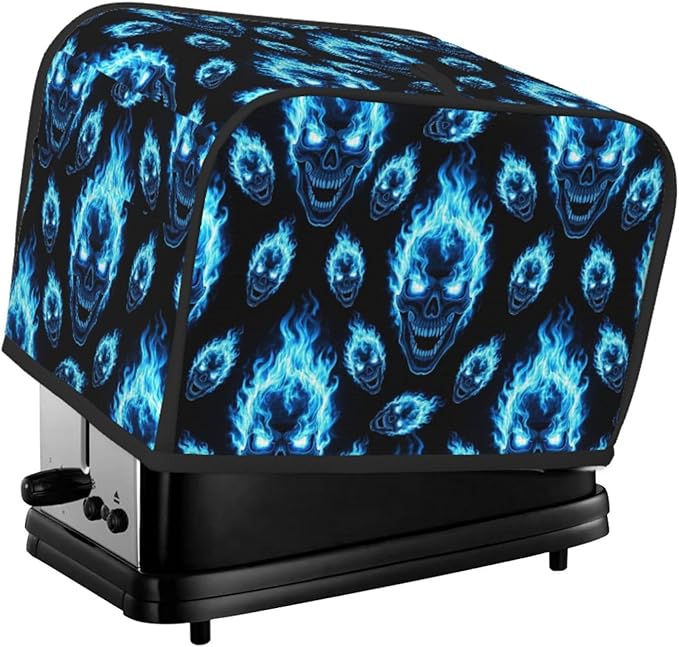 Polyester 2 Slice Toaster Dust Cover, Blue Fire Flame Skulls Fingerprint Protector with Pocket, Washable Kitchen Small Appliance Cover