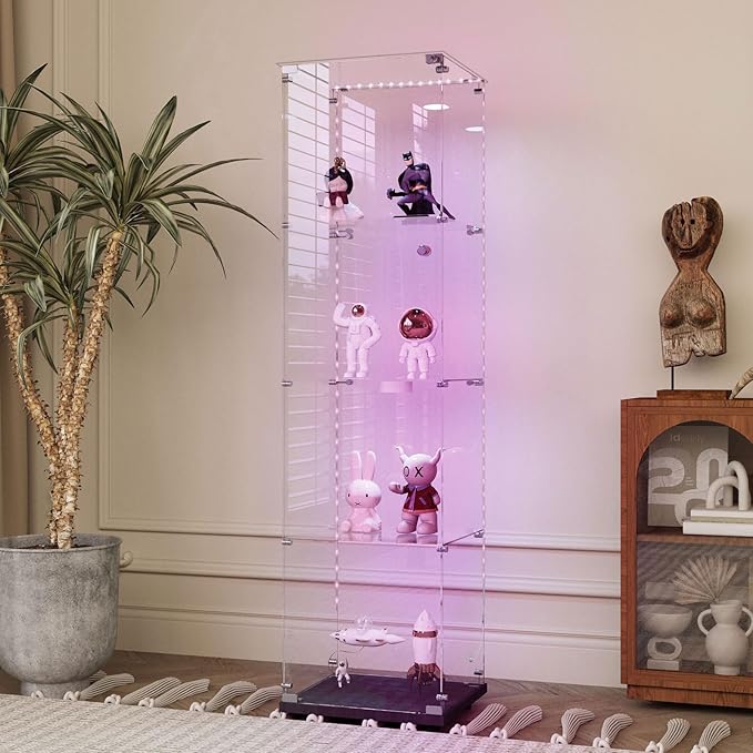 Glass Display Cabinet with LED Light Strip, 4 Shelves with 1 Door, Glass Top Curio Storage Cabinets with Lock & Caster for Living Room, Floor Standing Bookshelf, Quick Installation - Black