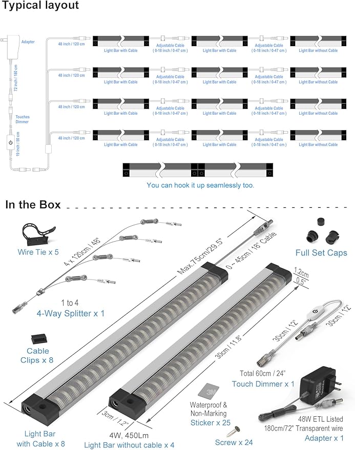 EBD LED Under Shelf Lighting, 4-Way Parallel Light Bar, 12-Panel Cabinet Lights, 3000K 5400Lm Counter Lights with Slack-Free Wiring, Maximized for Spacious 4-Layer Showcase, Bookcase & Storage Rack