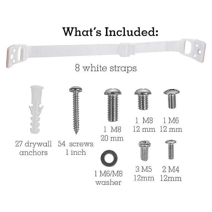 Bébé Earth Furniture Straps - Anti Tip Strap for Baby Proofing & Child Safety - 8 Pack of Adjustable TV & Wall Straps - Fixings to Anchor Shelves & Cabinets - White