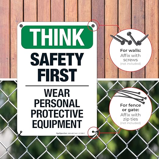 Think Safety First Wear Personal Protective Equipment Sign, 10x7 Inches, 55 mil Thick HDPS (high Density polystyrene), Made in USA by Sigo Signs