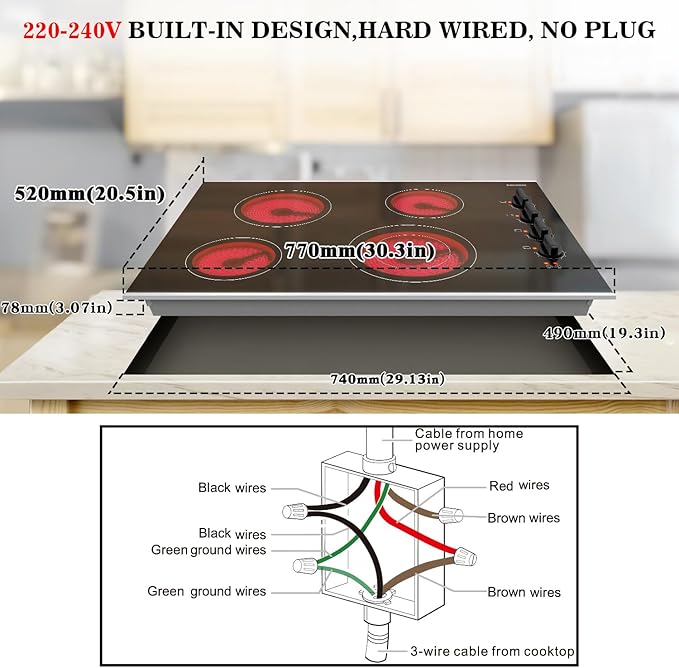 Karinear 30 Inch Electric Cooktop 4 Burners, Knob Control Built-in Ceramic Cooktop, 30" Radiant Electric Stove Top with Glass Protection Metal Frame,Hot Surface Indicator, 220-240v, Hard Wire, No Plug