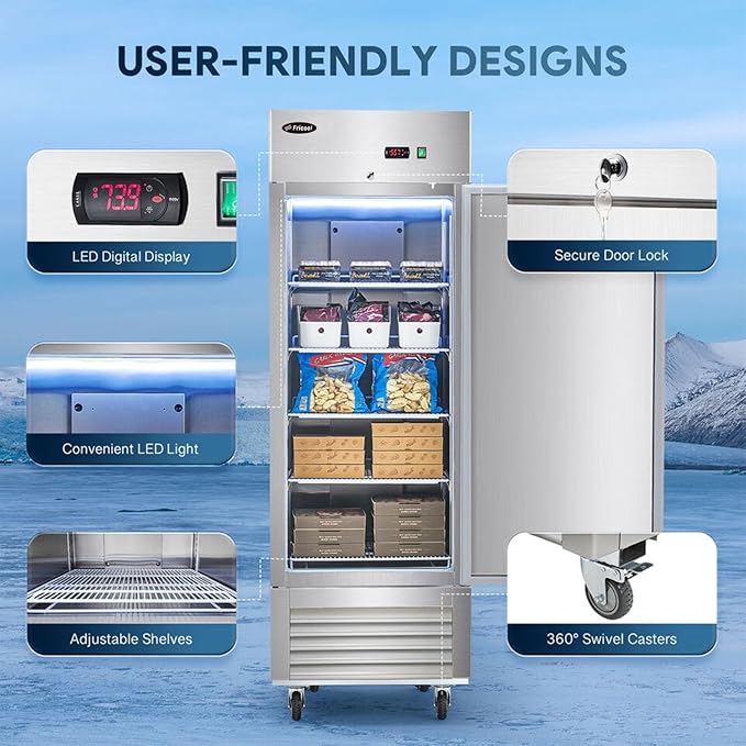 27 Inch Upright Commercial Refrigerator, Stainless Steel Single Door, 23 Cu.Ft, 3 Adjustable Shelves, Digital Temperature Control, NSF/ETL Certified, with Casters for Restaurant, Bar, Kitchen