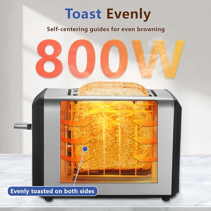 Touch Screen Toaster 2 Slice, Smart Digital Toasters, 6 Browning Levels & 6 Bread Types, Bagel Memory Function, Timer, Stainless Steel, 800W