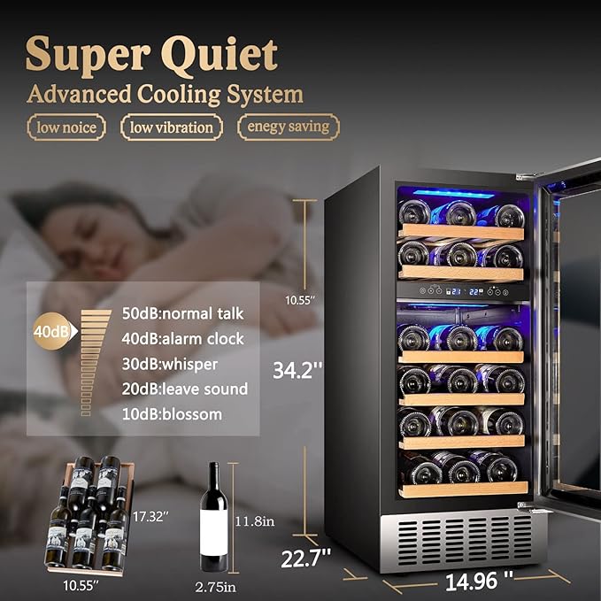 AAOBOSI 15 inch Dual Zone Wine Fridge, 28 Bottles Built-in or Freestanding Fridge,41-64°F Wine Cooler with Professional Compressor，Low Noise and No Fog