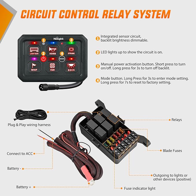 Nilight 6 Gang Switch Panel Red Circuit Control Relay System with Fuse Wiring Harness Toggle Momentary Strobe Flash Modes Automatic Dimmable ON Off Pod 12V 24V for Car Truck Camper SUV