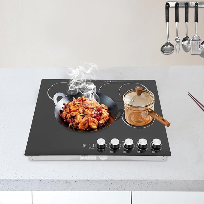 4 Burners 24” Electric Cooktop, 3400W Electric Stovetop, Built-in Induction Stove Top for Home Kitchen, Stainless Steel Glass Ceramic Cooktop with Child Lock