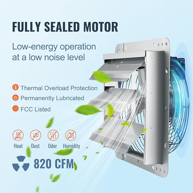 VEVOR 10'' Shutter Exhaust Fan, High-speed 820 CFM, Aluminum Wall Mount Attic Fan with AC-motor, Ventilation and Cooling for Greenhouses, Garages, Sheds, Shops, FCC