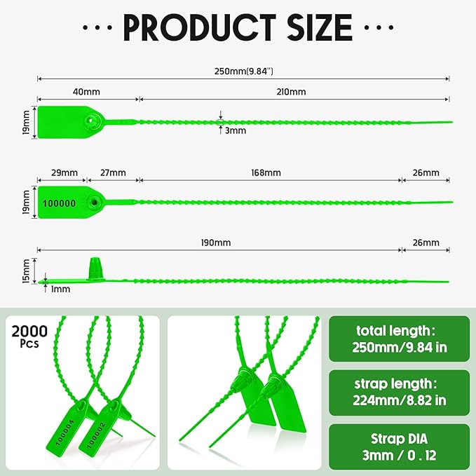 Roowest 2000 Pcs Plastic Tamper Seals Security Tags Seals Safety Numbered Zip Ties Fire Extinguisher Tamper Tags Disposable Self Locking Signage 250 mm Length(Green)