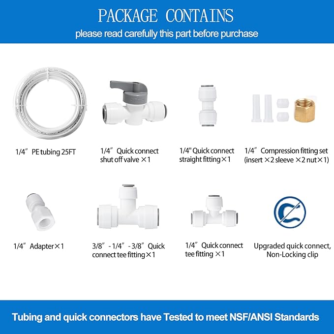 Ice Maker Water Line Kit - Food Grade Refrigerator/Fridge Water Line Kit,25FT 1/4In O.D.Water Line with Quick Fittings, for Adding a branch waterway on RO System