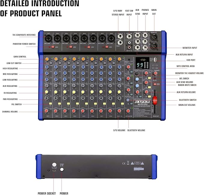 14-Channel Audio Sound Mixer Board, Bluetooth Studio Mixing Console XLR Microphone Jack 99 DSP DJ Mixer Audio Reverb Effect +48V Phantom Mixer For Karaoke Studio Streaming Recording