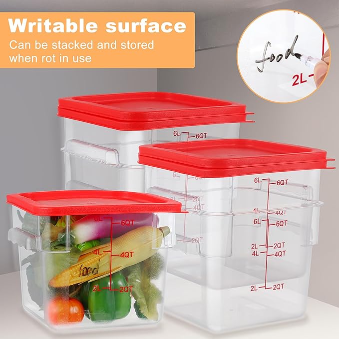 10 Sets 6 Qt Square Food Storage Containers with Lids Commercial Polycarbonate Containers Dough Proofing with Scale Clear Airtight Cereal for Pantry Home Restaurant