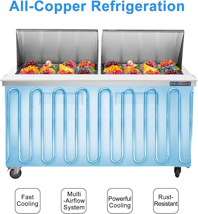 JINSONG Stainless Steel Sandwich & Salad Prep Table, Commercial Refrigerated Food Prep Station with Cutting Board & 8 Pans, 7.4 cu. ft Fridge Salad Bar for Restaurants (60''W 16.4 Cu.ft)