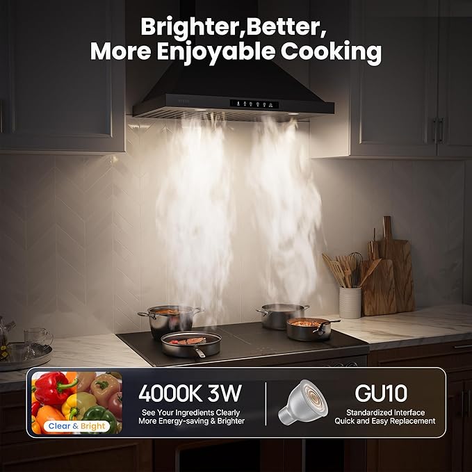 Black 36 inch Pro Wall Mount Range Hood 980CFM, Direct 3 Speed Panel with Gesture & Touch Control, Ducted/Ductless Stainless Steel Kitchen Vent Hood, Delay Shut-Off, Includes Duct & Filter