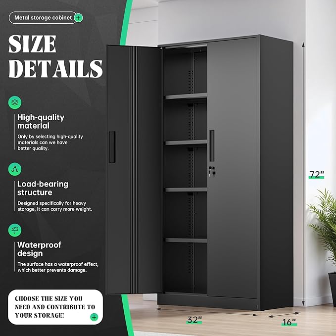 Oakmont Metal Storage Cabinet for Tool Organization, 72" Lockable Garage Storage Cabinets with 2 Doors and 4 Adjustable Shelves, Locking File Cabinet for Office, Home, School (72“ Standard-Black)