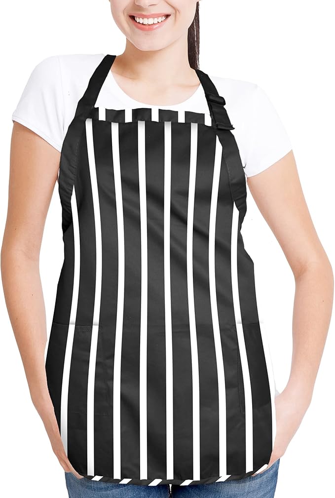 DALIX Apron Commercial Restaurant Home Bib Spun Poly Cotton Kitchen Aprons (2 Pockets) in Pinstripe Black/White 12 Pack