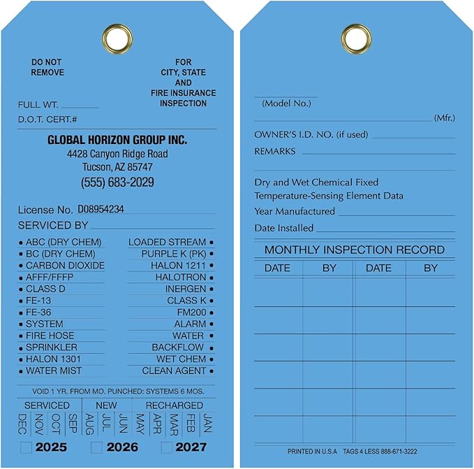 Tags 4 Less Custom Fire Extinguisher Tags – Preventative Maintenance Labels for Monthly Inspections, Alternative to Safety Sticker for Easy Record-Keeping – Pack of 100 (Dark Blue, Vinyl Plastic)