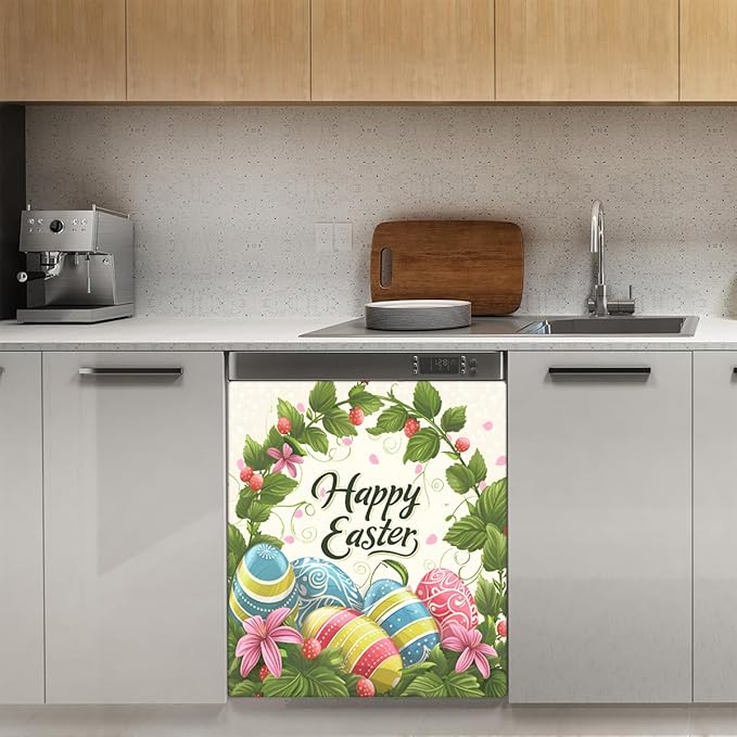 Happy Easter Eggs Flower Greens Dishwasher Magnet Cover, Reusable Refrigerator Panel Stickers Microwave Front Door Covers Magnets for Kitchen Home Appliances Holiday Party Decorations 23 X 26 in