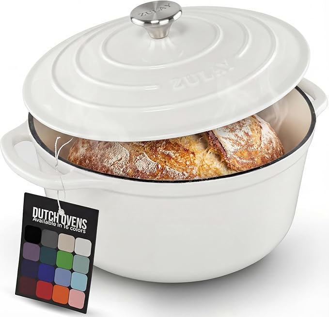 Zulay Kitchen 7.7 Quart Enameled Cast Iron Dutch Oven Pot with Lid – Premium Durability & Oven Safe up to 500°F – Heavy Duty Cookware Perfect for Bread Baking, Stews, Braising & Roasting – White