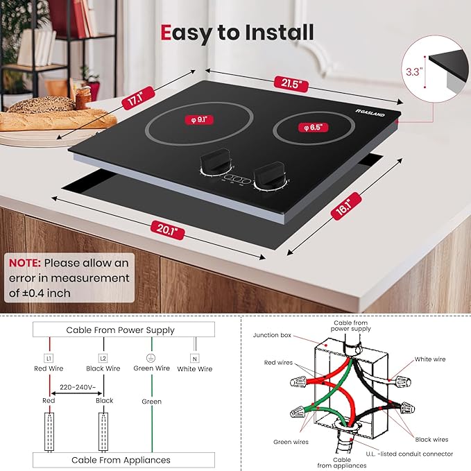 GASLAND Apartment Electric Cooktop 2 Burners, 21 Inch Built in Radiant Glass Stove Top, UL Certified, 3700W Ceramic Electric Stovetop, 9 Heating Levels, Knobs Control, Instant Heating Up, 240V