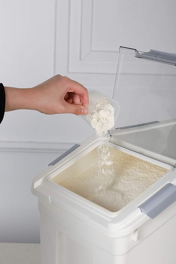 EonTone Pack-2 Bulk Large Sealed Flour Storage Container 25 Liters (30 lbs) with Lockable Lid Wheels and Measuring Cup BPA-Free Food Dispenser