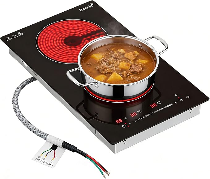 Ranein Electric Cooktop with 2 Burners, 12 inch 3000W 240V Ceramic Panel Electric Cooktop, Multiple Safety Protections Stove, Touch Screen