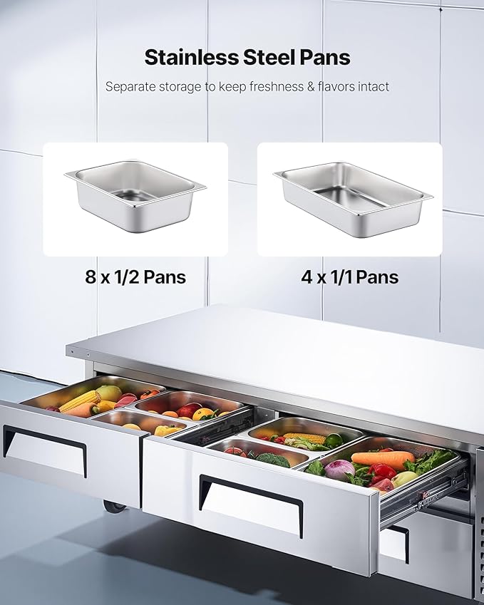 VEVOR Chef Base Refrigerator, 72" W Commercial Chef Bases Worktop Refrigerators, 4-Drawer Under Counter Fridge with 12 Pans Stainless Steel, Heavy-Duty Refrigerated Base, Invisible Door Handle