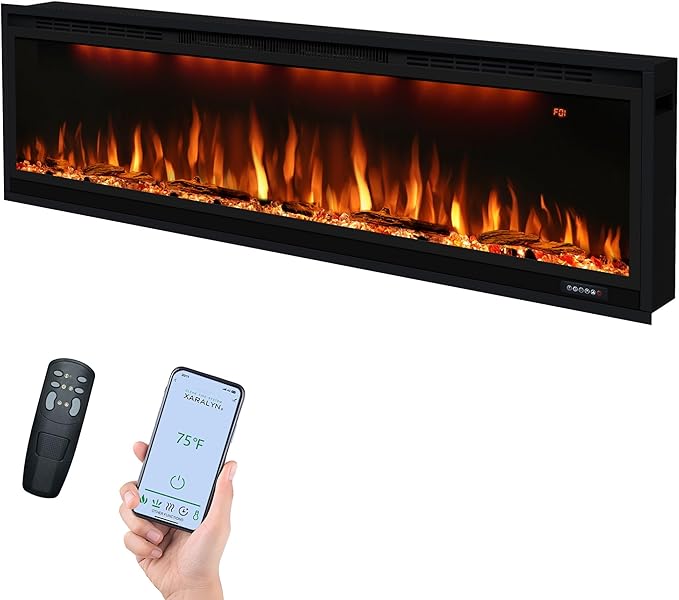 60 inch Smart Linear Electric Fireplace, Recessed and Wall Mounted Fireplace Inserts with Remote Control, Adjustable Flame Color, Lights, Temperature, Overheating Protection& Timer, 750W/1500W, Black