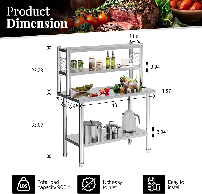 48"x24" NSF Stainless Steel Work Table with Overshelves, Adjustable Shelf & Hooks, NSF-Certified Heavy-Duty Prep Station for Commercial Kitchen, Restaurant, or Garage