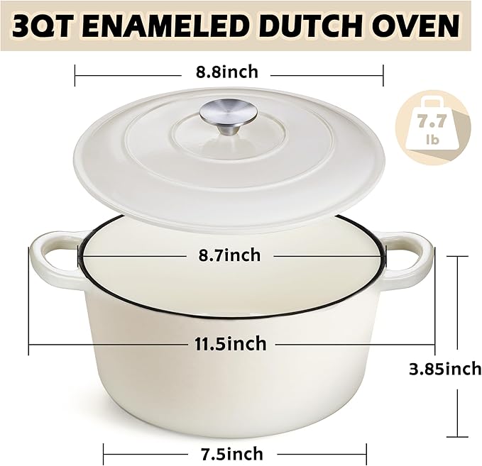 TeamFar 3qt Dutch Oven, Small Enameled Cast Iron Dutch Oven Pot with Lid, For Bread Baking/Stewing/Braising/Frying, Various Stoves & Oven Safe, Non-stick & Easy Clean, White