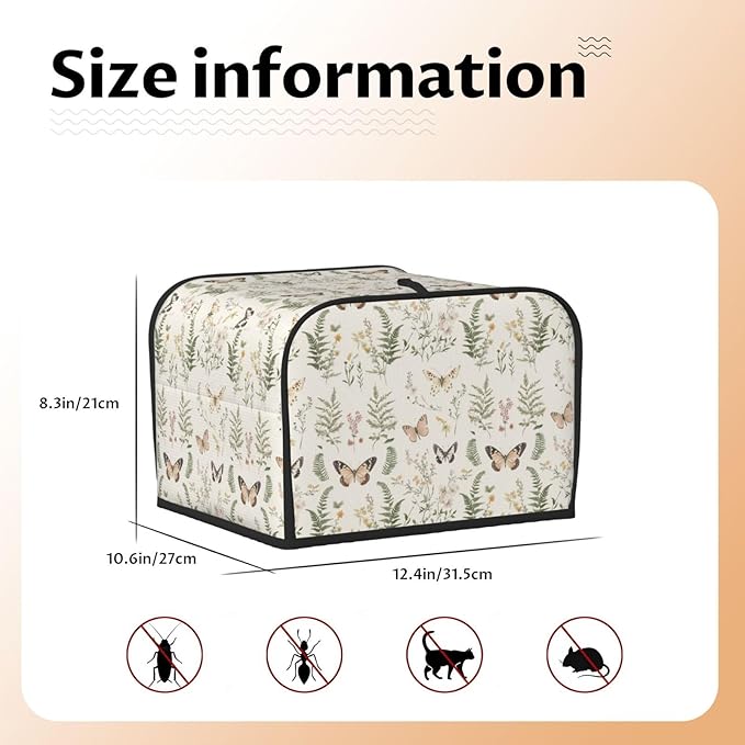 4 Slice Toaster Cover for Kitchen Botanical Wildflower Leaf Butterfly Waterproof Dustproof Toaster Dust Cover with Side Pockets Decorative Universal Cover for Wide Slot Toasters Small Appliances