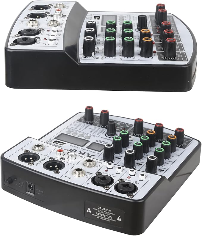 Dj Mixers 4 Channel Audio Mixer Sound Board with Bluetooth, Usb Audio Interface with 48V Phantom Power Sounds Mixer Board with 99 DSP FX Reverb Delay Effect