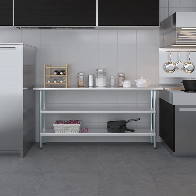 AmGood Stainless Steel Work Table with 2 Shelves | NSF | Metal Utility Table (72" Long x 14" Deep)