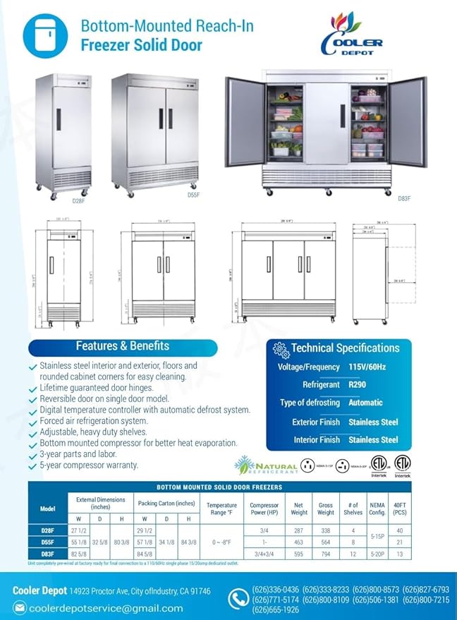Commercial Freezer 3-doors Solid Reach in Upright Bottom NSF Mounted Stainless Steel 82" Width, Capacity 65 Cuft, Restaurant Quality Kitchen Cold -8°F