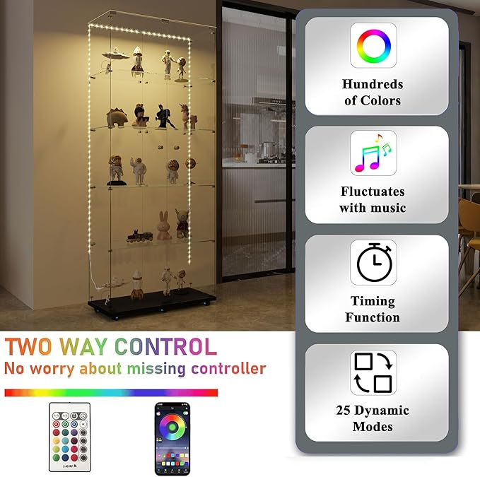 Glass Display Cabinet with LED Light Strip, 5 Shelves with 2 Doors, Glass Top Curio Storage Cabinets with Lock & Caster for Living Room,Floor Standing Bookshelf, Quick Installation - Black