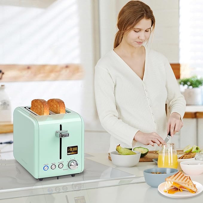 SEEDEEM 2 Slice Toaster With Color LCD Display - Stainless Steel, 7 Bread Shade Settings, 1.4'' Wide Slots, Bagel/Defrost/Reheat Functions, Removable Crumb Tray, 900W, Mint