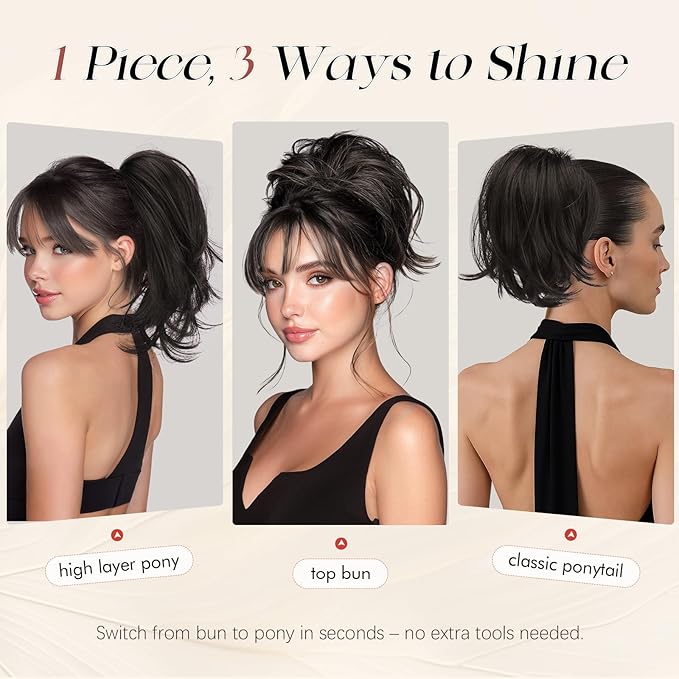 SOFEIYAN Claw Clip Short Ponytail Extension DIY Bendable Wires Hair Bun Fluffy Fake Hair Piece Straight Synthetic Hair Ponytail Extensions for Wonen - Darkest Brown/Dark Auburn Mix