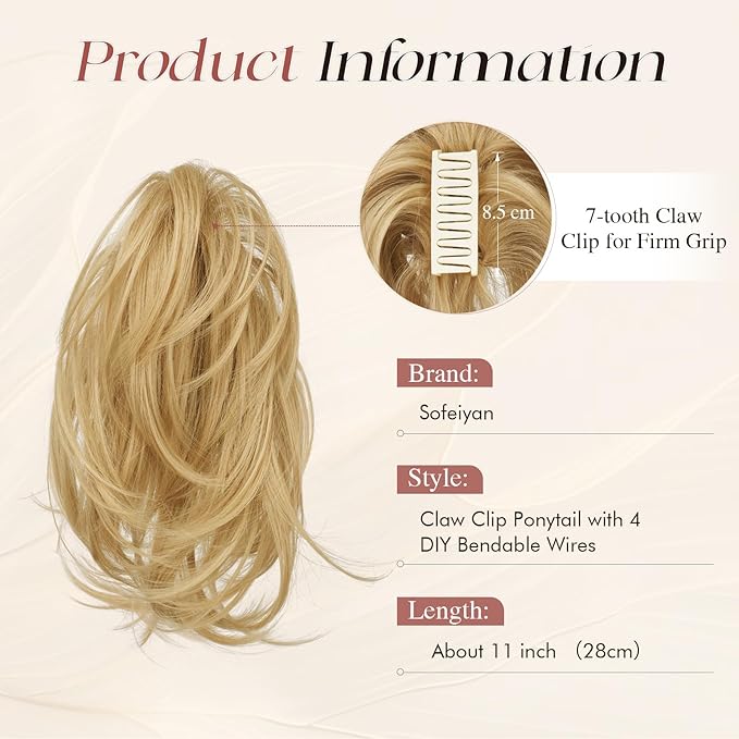 SOFEIYAN Claw Clip Hair Buns Hair Piece DIY Bendable Wires Short Ponytail Extension Fluffy Fake Hair Piece Straight Synthetic Hair Ponytail Extensions for Wonen - Golden Blonde with Highlights