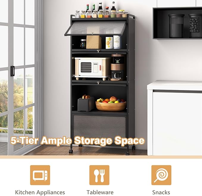 Giantex 5-Tier Kitchen Storage Cabinet, Mobile Microwave Stand with Flip-up PC Doors, Freestanding Kitchen Bakers Rack with 4 Rolling Casters, for Dining Room, Living Room and Study, Black