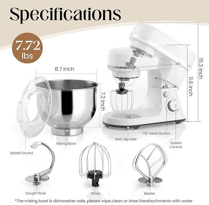 800W Stand Mixer with 5.3QT Stainless Steel Bowl - 6+P Adjustable Speed Electric Kitchen Mixer with Dough Hook, Whisk & Beater, Tilt-Head & Non-Slip Design- White (YD-385NS)
