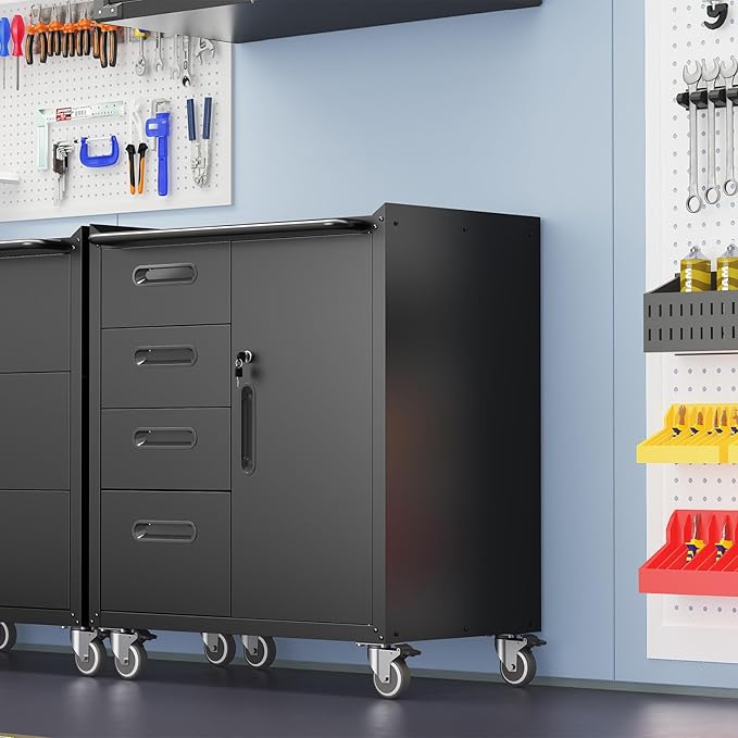 Black Metal Storage Cabinet with Wheels Heavy Duty Steel Rolling Tool Carts for Garage Locking Tool Storage Cabinets with Wheels and Drawers for Kitchen Basement Warehouse, Assembly Required