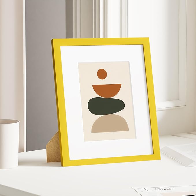 Vittanly 8x10 Picture Frame, Solid Wood Frame with Plexiglass, Includes 5x7 Mat, Wall Hanging or Tabletop for Home Decor, Yellow, 1 Pack
