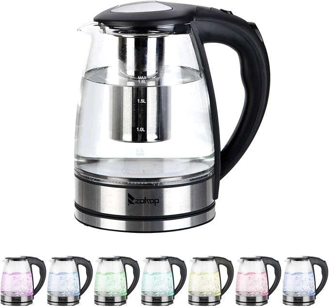 Electric Kettle, 1.8L Glass Teapot with Removable Tea Infuser - No Plastic Contact, 7-Color LED Light & Mesh Filter, 1200W Fast Boiling for Tea, Coffee, Hot Cereal (110V, Black)