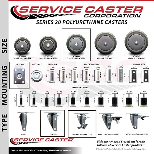 Service Caster Brand Replacement Caster for Uline Caster H-7448SWB-Stainless Steel Swivel Top Plate Caster with 4 Inch Gray Polyurethane Wheel and Top Lock Brake- Fits Carts and Platform Trucks H-3352
