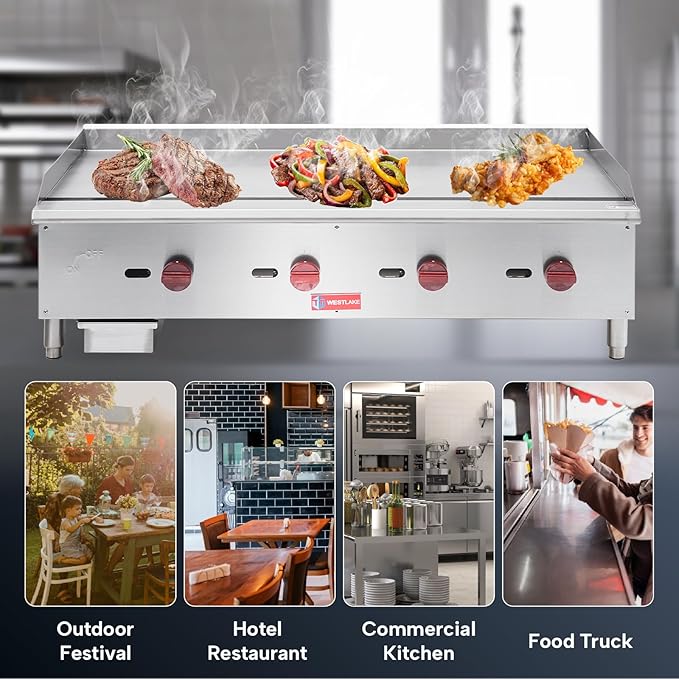 WESTLAKE 60"W Commercial Gas Griddle Countertop Natural Gas and Propane Griddle with 5 Burners 150000 BTU, Stainless Steel Plate Grill for Restaurants