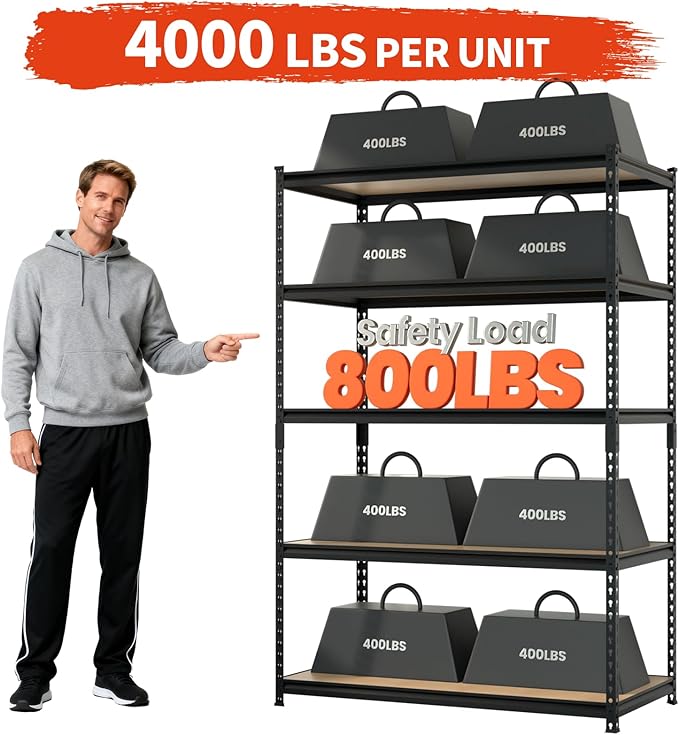 DYNALOAD 4000 Lbs Heavy Duty Garage Shelving, 5-Tier Adjustable Metal Storage Shelves, Boltless Steel Utility Rack for Garage Basement Warehouse, 48" W x 24" D x 72" H