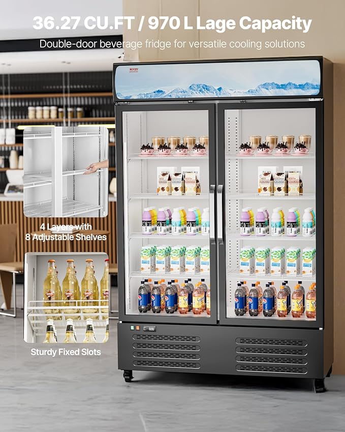 VEVOR Commercial Merchandiser Refrigerator, 36.27 CU.FT Upright Beverage Cooler, 2 Glass Door Display Refrigerator with 8 Adjustable Shelves, Soft LED Light, Customizable Lightbox, Casters, Black
