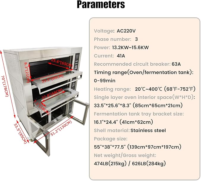 Electric Pizza Oven up to 400℃(752℉) Commercial Portable Indoor Pizza Triple Oven with Fermentation Tank Fits 4 Baking Sheets and 8 Fermentation Sheets AC220V/13.2kW
