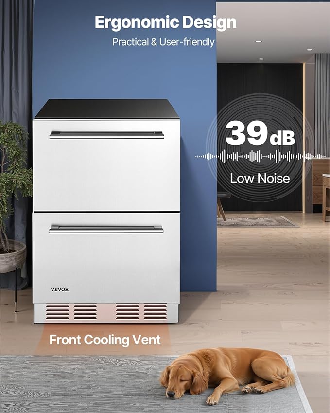 VEVOR Under Counter Drawer Refrigerator, 24 In Stainless Steel Fridge with Temperature Control, Dual Drawer Refrigerator with Powerful Compressor & LED Display, for Home, Office, and Commercial Use